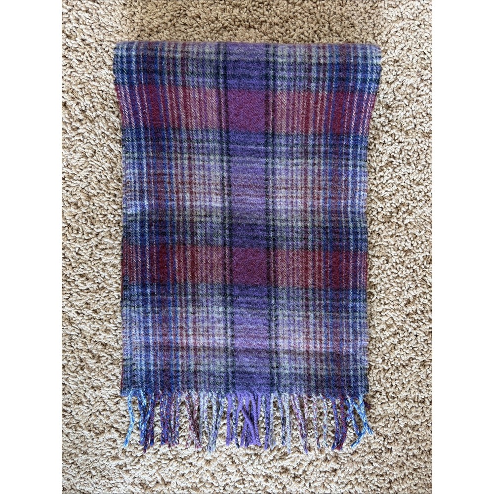 Edinburgh Purple Plaid 100% Lambswool Wool Fringe Hem Scarf Neck‎ Wrap Accessory
